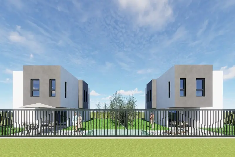 Render dvije kuće Montenov iza ograde, s bazenima u dvorištima