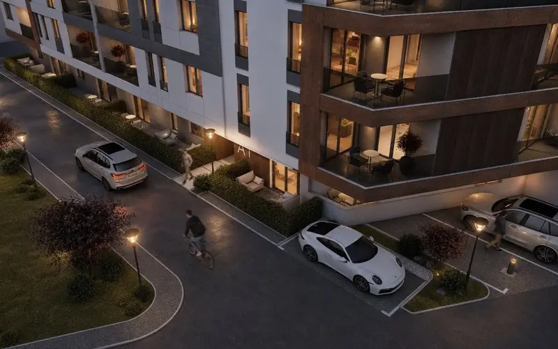 Render ugla zgrade s terasama u prizemlju i parkingom