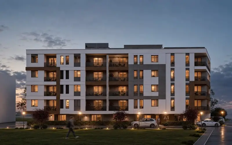 Render zgrade s ulice, pogled sprijeda u sumrak